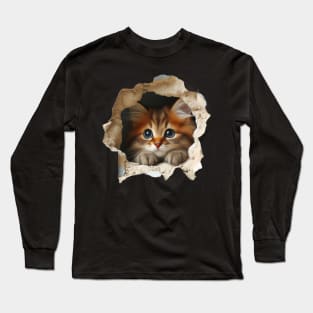 Irresistible cat emerging from a wall opening Long Sleeve T-Shirt